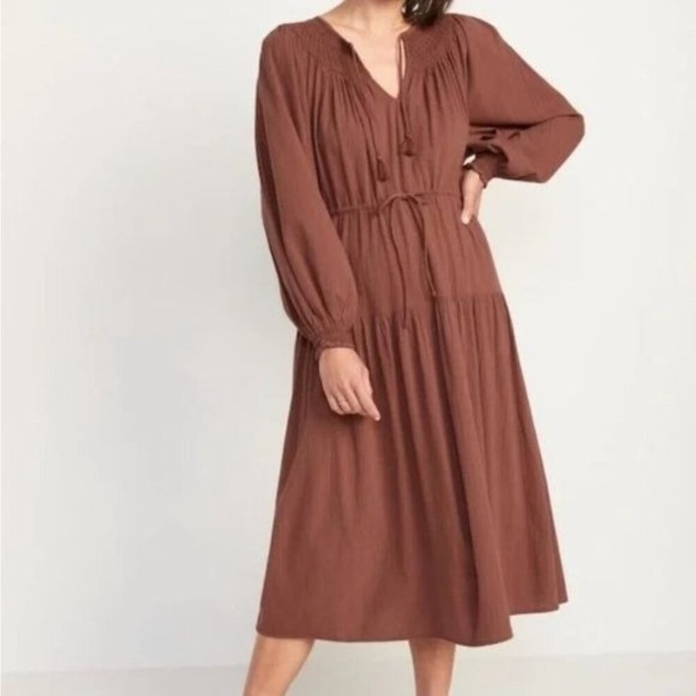Old Navy Waist-Defined Crinkle-Textured Long-Sleeve Midi Dress Size Large